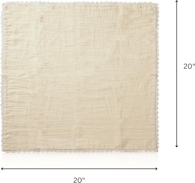FINGERCRAFT Dinner Cloth Napkin Cotton Muslin Double Gauze 12 Pack with Classic Lace for Everyday Use, Wedding, Party, Christmas, Easter Napkins Cloth are Pre Shrunk and Good Absorbency Beige