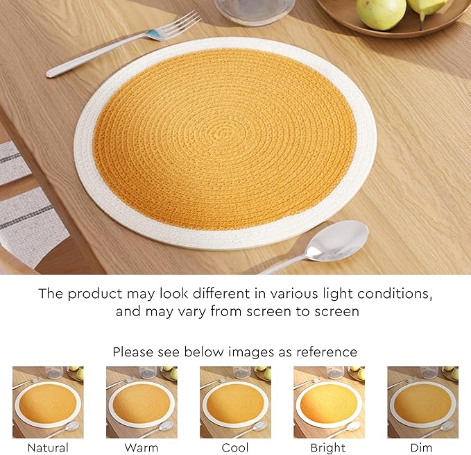 Encasa XO Dining Placemats Set of 6 | Cotton Round Table Mat - 13 in Diameter | Yellow & Off White | Handmade Rib Style Chargers for Dinner Plates