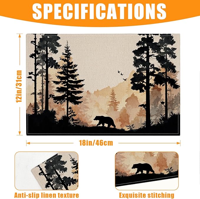 Rustic Bear Forest Placemats Set of 6,12 x 18 Inch Table Mats Washable Heat Resistant Linen Fabric Rectangle Place Mat for Party Home Kitchen Dining