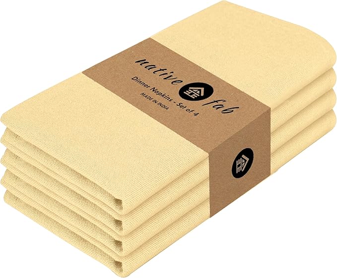 Native Fab Solid Light Yellow Cloth Napkins Set of 4, 100% Cotton Washable Fabric, 17x17 inches, Reusable Table Linen Napkins for Dinner, Party, Wedding, Pale Yellow