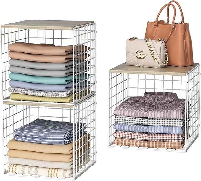 3PCS Stackable Closet Organizers and Storage, Closet Shelves with Wood Top Extra Storage, Clothes Storage Organizer Basket Bin/Cube for Home Wardrobe Organization(White-Sturdy Metal) Patent Pending