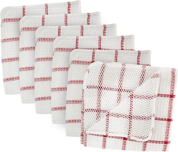 DII Scrubber Dishcloths Collection Windowpane Dishrag Set, 12x12, White/Red Stripe, 6 Piece