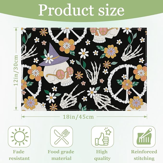 Hippie Peace Skeleton Floral Placemats Set of 6, Washable Heat Resistant Table Mat Linen Place Mats for Party Kitchen Dining Home Decor 12x18 Inch