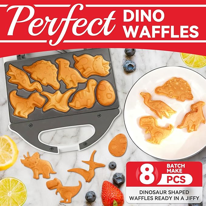 SugarWhisk Dinosaur Mini Waffle Maker for Kids, Mini Pancake Maker Machine for Halloween, 8 Different Shaped Dinos in Minutes, Electric Non-Stick Waffle Iron, White