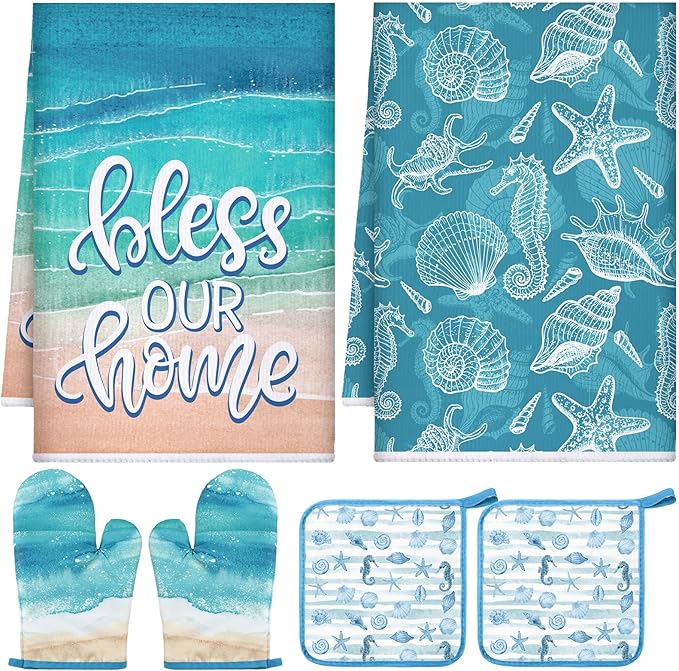 Leinuosen 6 Ocean Kitchen Towels Kitchen Decor and Accessories Set Floral Plant Oven Mitts and Pot Holders Sets Farmhouse Absorbent Dish Towels for Cooking Baking Grilling