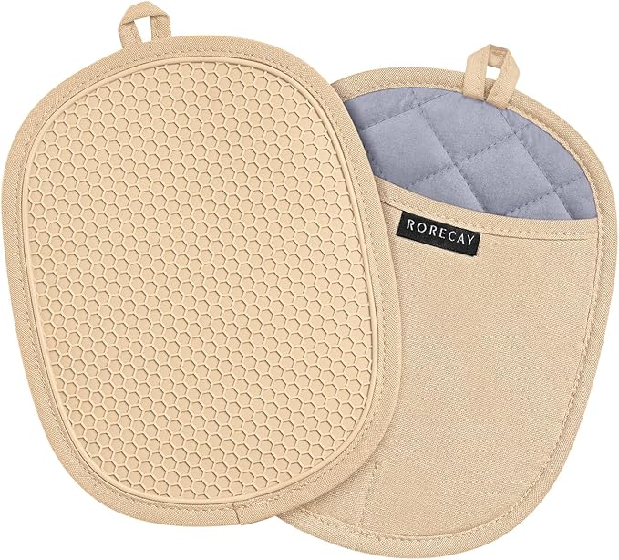 2-Pack Silicone Pot Holders for Kitchen Heat Resistant up to 500°F, Non-Slip Large Hot Pads with Pocket, Quilted Liner Trivets for Countertops Hot Pots and Pans (Milkshake)