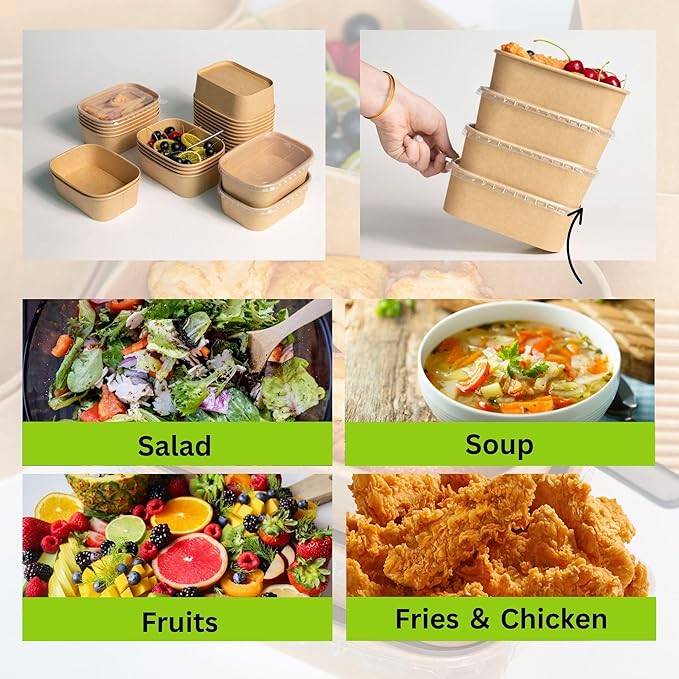 34 OZ Disposable Bowls, 50 Sets Square Kraft Paper Salad Bowls with Lids, Oil-Proof Soup Bowls Microwave Freeze, Perfect for Disposable Meal Prep Food Container Takeout