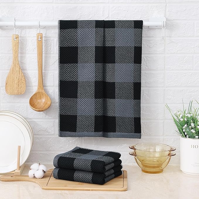 Mordimy 100% Cotton Waffle Weave Kitchen Towels, 13 x 28 Inches, Super Soft and Absorbent Buffalo Check Dish Towels for Drying Dishes, 6-Pack, Black & Grey