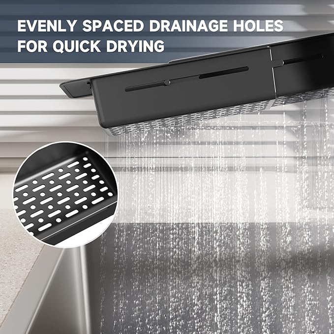 NiHome Extendable Sink Kitchen Organizer, Extra Long Telescopic Brush Storage Rack for Sponge, Non-Slip Pads Expandable Sink Caddy, Adjustable Sponge/Brush Rack with Drainage Durable ABS (Black)