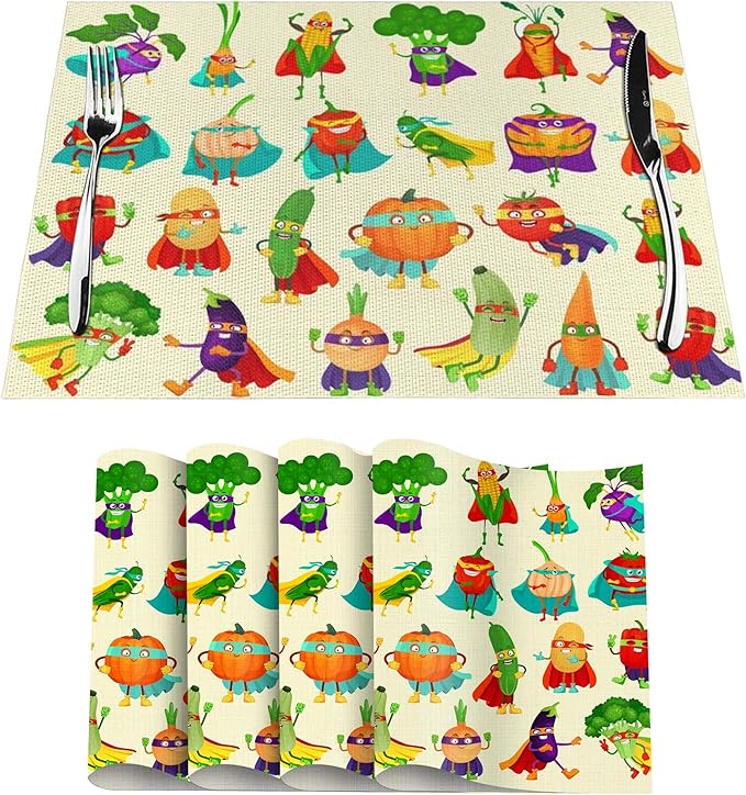 Vibrant Superhero Vegetable Linen Placemats Set of 4, Heat Resistant Non Slip Cute Place Mats for Dining Table, Kitchen, Kids’ Party, Family Gathering, Whimsical Home Decor, Gift for Children Parents