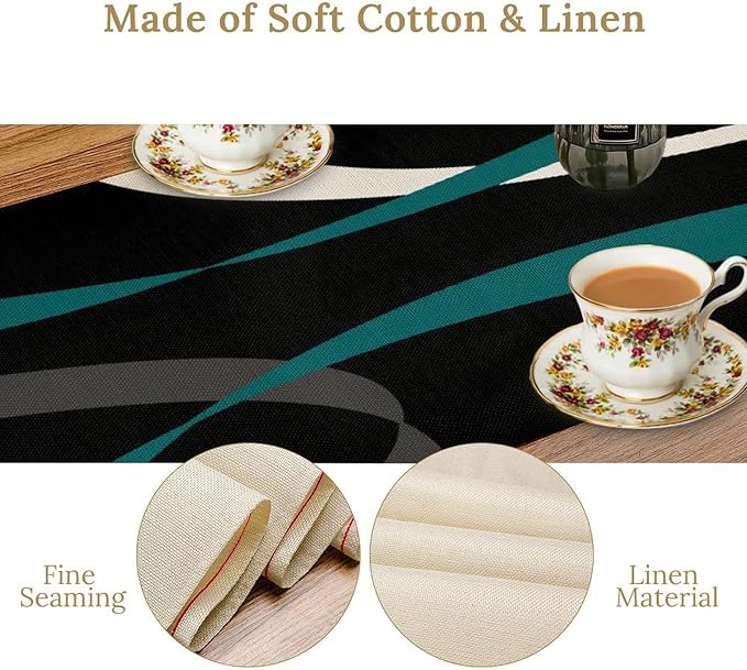 Abstract Geometric Table Runner Dark Teal Grey and White Striped Black Background Modern Kitchen Dinner Runner for Indoor Home Living Room Party Dining Table Decoration 13"x120"