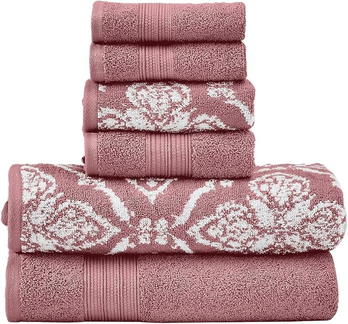 Modern Threads Amaris 6-Piece Reversible Yarn Dyed Jacquard Towel Set - Bath Towels, Hand Towels, & Washcloths - Super Absorbent & Quick Dry - 100% Combed Cotton, Rosewood