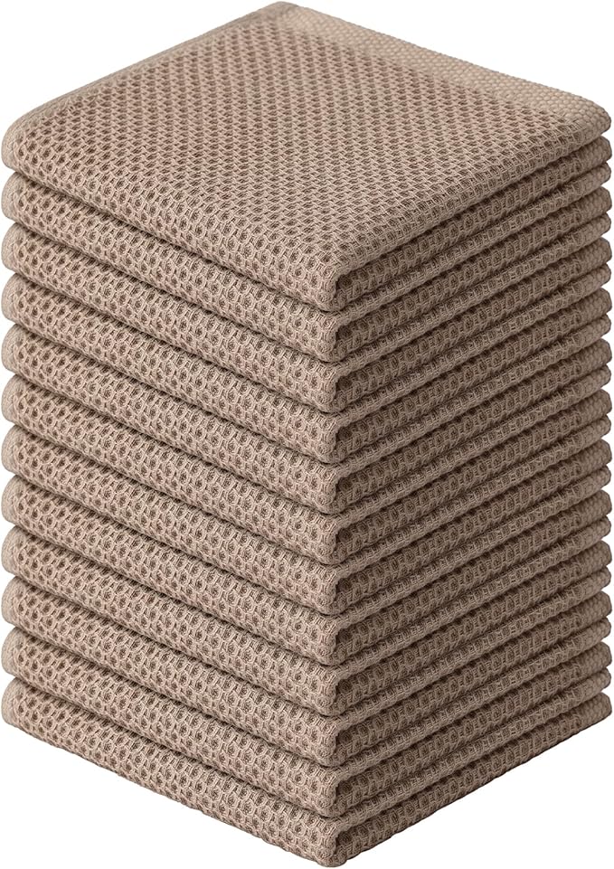 Kitinjoy 100% Cotton Kitchen Dish Cloths (12 X 12 Inches, Tan), 12 Pack Waffle Weave Ultra Soft Absorbent Dish Towels for Drying Dishes Quick Drying Kitchen Towels Dish Rags