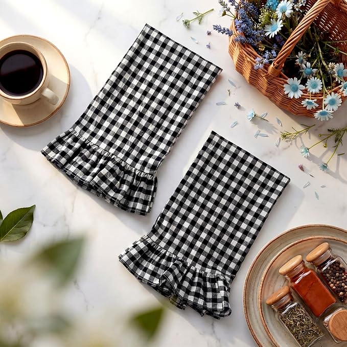 HunnmingRe Matte Black Kitchen Towels Set of 2, 100% Cotton Ruffled Gingham Dish Towels 18"x28" Absorbent Tea Cloths Classic Plaid Pattern for Farmhouse Charm, Drying Dishes, Entertaining Guests