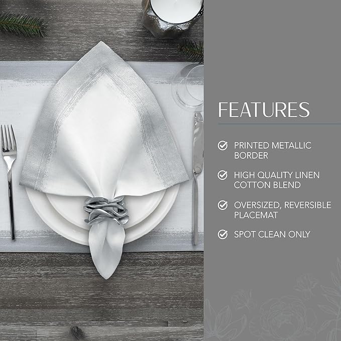 Elrene Home Fashions Villeroy & Boch Metallic Brushstroke Modern Linen Blend Placemat Set, 14 Inches x 20 Inches, Set of 4, White and Silver