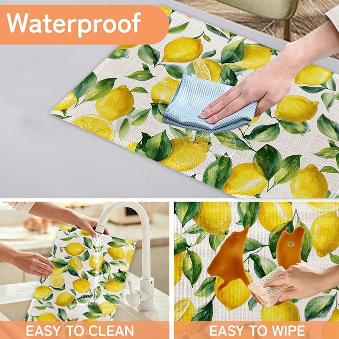 Lemon Placemat Set of 6,Heat Resistant Linen Table Mats for Indoor Outdoor Home Kitchen Dining Room Table 12x18Inch