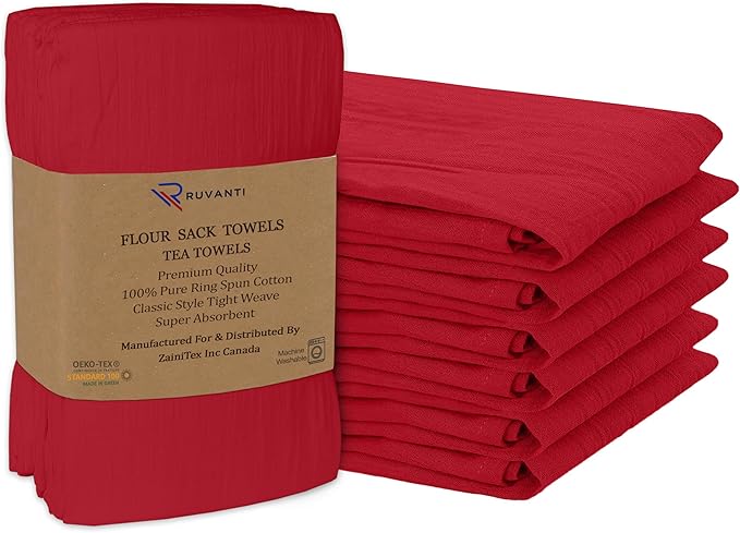 RUVANTI Flour Sack Towels 6 Pack 28x28 Inch, 100% Cotton Tea Towel, Reusable, Machine Washable, Absorbent BarTowels - Dish Cloth Perfect for Drying Dishes & Cleaning - Red