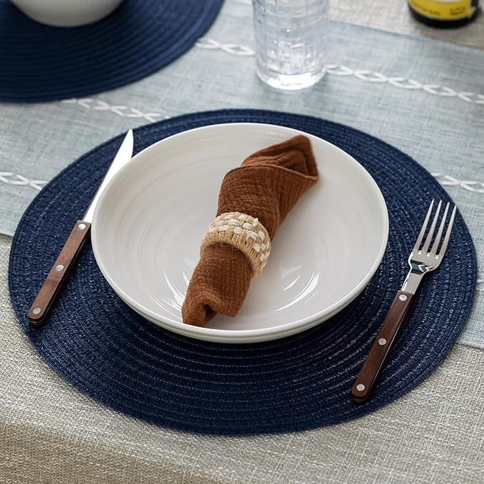 Round Placemats Set of 12 Woven Placemats Washable Braided Table Mats for Dining Table Heat Resistant Non-Slip Circle Place Mats(Navy Blue)