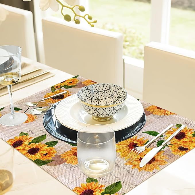 Yellow Watercolor Sunflowers Placemats Set of 6, 12x18 Inch Waterproof Stain Resistant Linen Table Placemats Summer Seasonal Farmhouse Kitchen Party Decor Home Decor