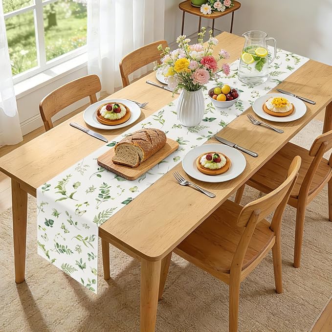 Bonhause Green Eucalyptus Leaves Table Runner 13x90 Inch Greenery Spring Plants Butterfly Seasonal Summer Kitchen Dining Table Decoration for Indoor Outdoor Home Party Decor