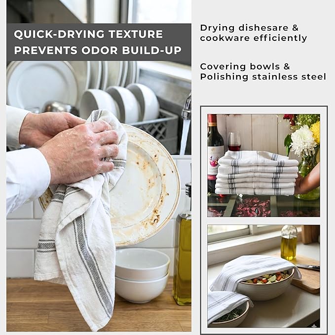 Bulk Kitchen Towels Cotton for Chefs in Commercial Restaurants - 15"X25" - 6 Pack - White Linen Tea Dish Towels - Lint Free Soft Absorbent Side Gray Striped Herringbone Weave Towles