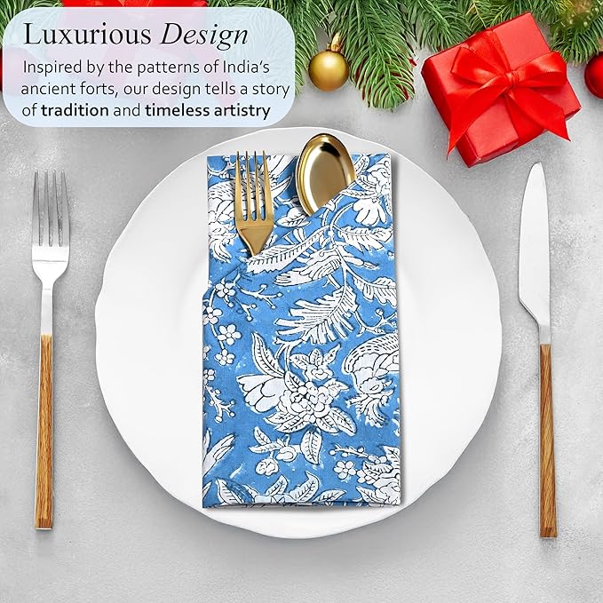 CPC Cloth Napkins Set of 4 Cotton Printed Dinner Block Print Napkins I Wedding Cocktail Cloth Floral Napkins I 18x18 in I Blue Sapphire