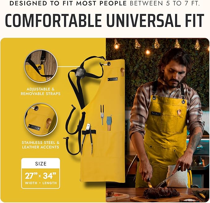 Asaya Chef and BBQ Apron with Bottle Opener and Hand Towel - 10oz Cotton Canvas, Stainless Steel Hardware - Cross Back Straps