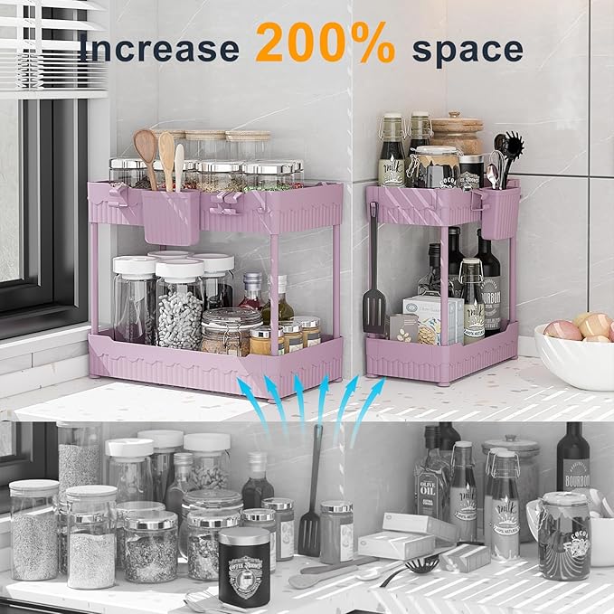 Sevenblue 2 Pack Under Sink Organizer, Under Bathroom Cabinet Organizer with Hooks Hanging Cup, Multi-Purpose Storage Shelf for Kitchen Bathroom (Pink, 12.8 Inch)
