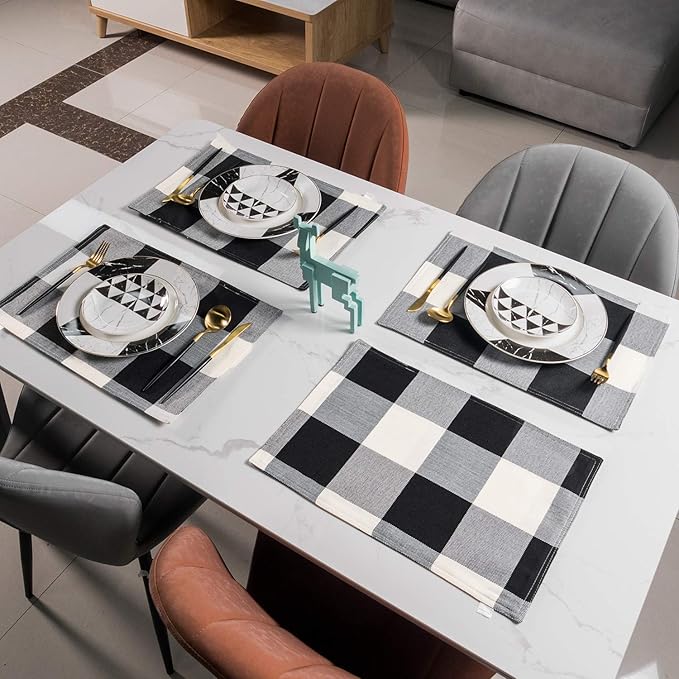 Black and White Placemats Set of 4, Linen Buffalo Plaid Double Layer Spring Placemats Check Kitchen Table Mats,Waterproof Heat Resistant Durable Cloth Washable Placemats 13 x 19 Inches