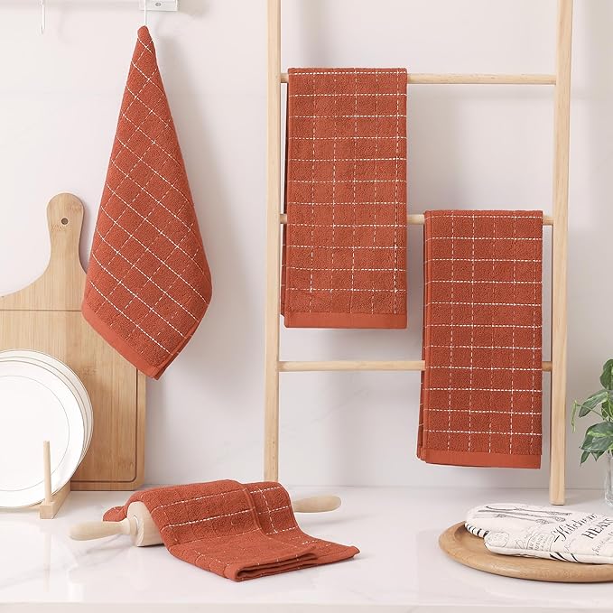 Homaxy 100% Cotton Terry Kitchen Towels(Rust, 13 x 28 inches), Checkered Designed, Soft and Super Absorbent Dish Towels, 12 Pack