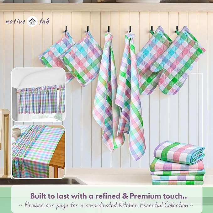 Native Fab 4 Piece Set - Gingham Check 2 Oven Mitts & 2 Potholders, Heat Resistant, 100% Cotton, Quilted Design, Non-Slip Grip, Ideal for Baking, Cooking, BBQ, Kitchen Protection, Multicolor