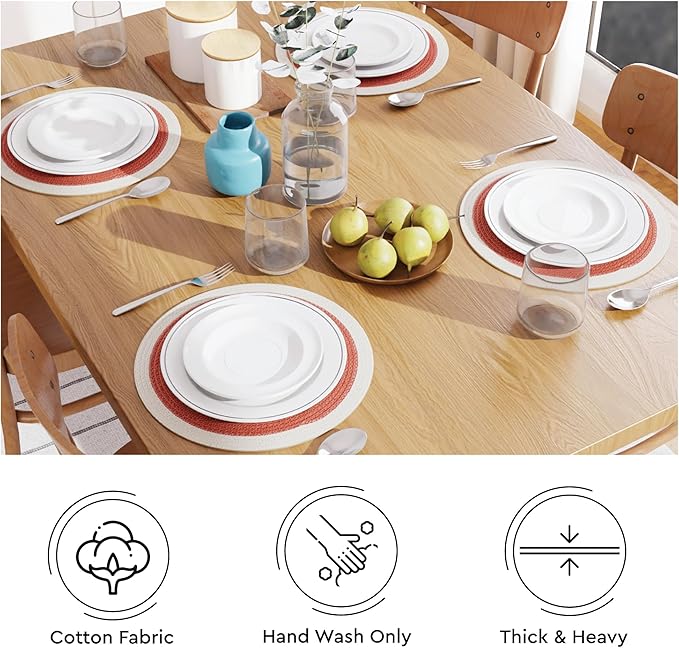 Encasa XO Dining Placemats Set of 4 | Cotton Round Table Mat - 13 in Diameter | Coral & Off White | Handmade Rib Style Chargers for Dinner Plates