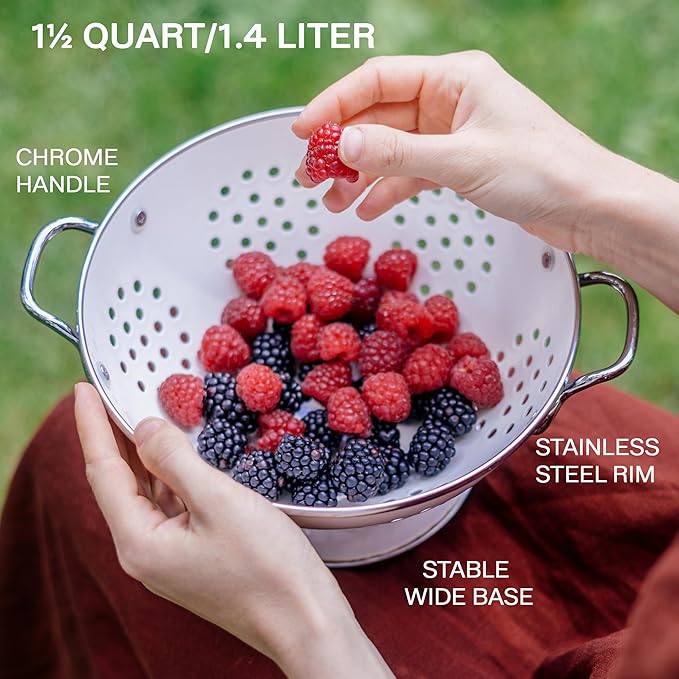 Reston Lloyd, 1.5 Quart Powder Coated Steel Kitchen Strainer Basket for draining Pasta, Vegetable and Fruit, Chrome Handles and Wide Stable Base, Lime