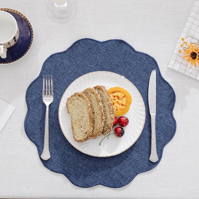 SHACOS Scalloped Round Placemats Set of 6 Polyester Linen Blend 15 inch Washable Non Slip Place Mats Easy Clean Heat Resistant Table Mats for Kitchen Dining Table Decor, Navy Blue