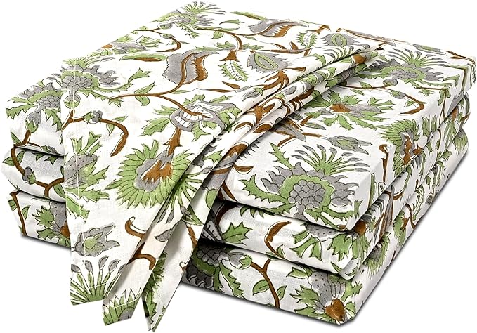 CPC Cloth Napkins Set of 4 Cotton Printed Dinner Hand Print Napkins I Wedding Cocktail Cloth Floral Napkins I 18x18 in I Mint Leaf