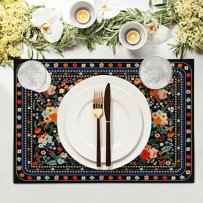 Vintage Flowers Linen Placemat Set Black Wildflower Table Mats for Home Kitchen Dining Decoration 12 X 18 in Floral