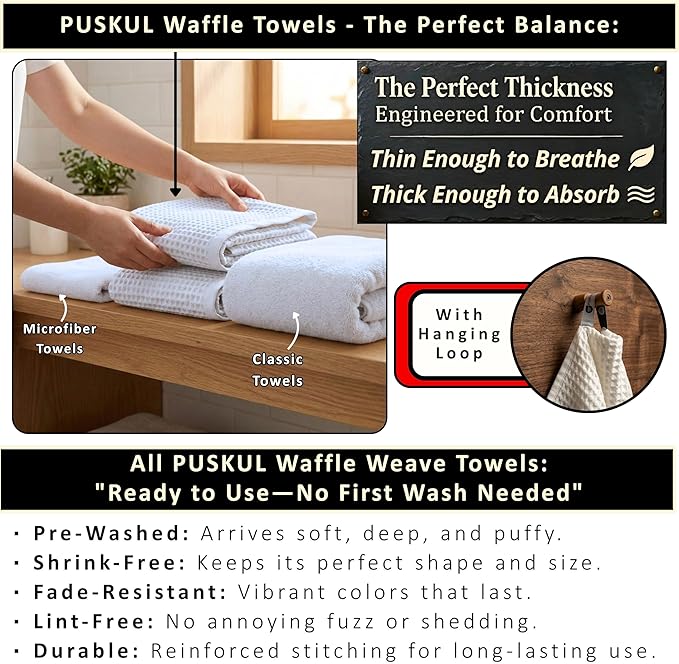 PÜSKÜL 2-Piece White Waffle Bath Towels for Bathroom | Natural 100% Turkish Cotton Towel | Soft Absorbent Quick-Dry Lightweight 32x63 Extra Large Turkish Bath Sheet (White Bath Towels - Pack of 2)