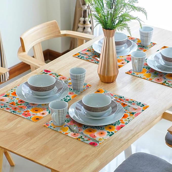 Watercolor Flower Printed Placemat Set of 4 Decoration Linen Place Mat for Home Dining Table Indoor Outdoor