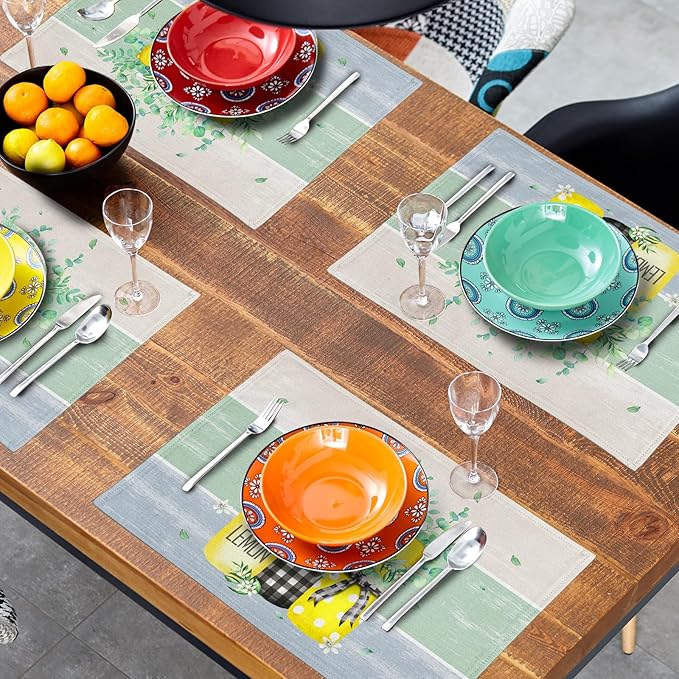 Lemon Floral Eucalyptus Vase Placemats Set of 4, 12 x 18 Inch Yellow Lemon Fruit Non-Slip Rectangle Place Mat Farmhouse Decoration for Spring Summer Seasonal Holiday Dining Table Mats