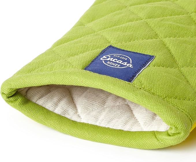 Encasa XO Heat Resistant Cotton Oven Gloves Mitts (2 Pc Set) - Quilted & Safe 12x6.6 in - for Kitchen, Cooking & Baking, Grilling, Handling Hot Pots & Pans - Lime Green