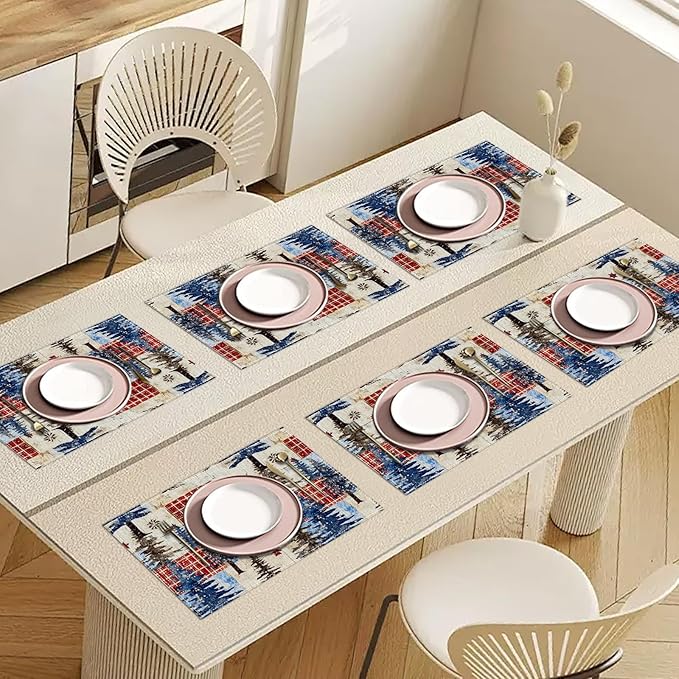 Winter Christmas Tree Placemats Set of 6, Washable Heat Resistant Table Mat Festival Linen Place Mats for Party Kitchen Dining Home Decor 12x18 Inch