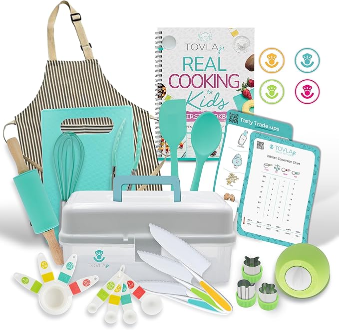 TOVLA JR Kids Real Cooking and Baking Ultimate Gift Set | Montessori Kid-Safe Knives, Apron, Visual Cookbook, Timer, Storage Case & Tools | Premium Christmas & Birthday Gift for Girls & Boys