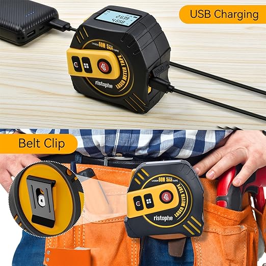 2-in-1 Laser Tape Measure - ristophe 197Ft Digital Tape Measure & 16Ft Measuring Tape with LCD Display - Pythagorean, Area, Volume Laser Measuring Tool for Construction & Woodworker (M/in/Ft Unit)