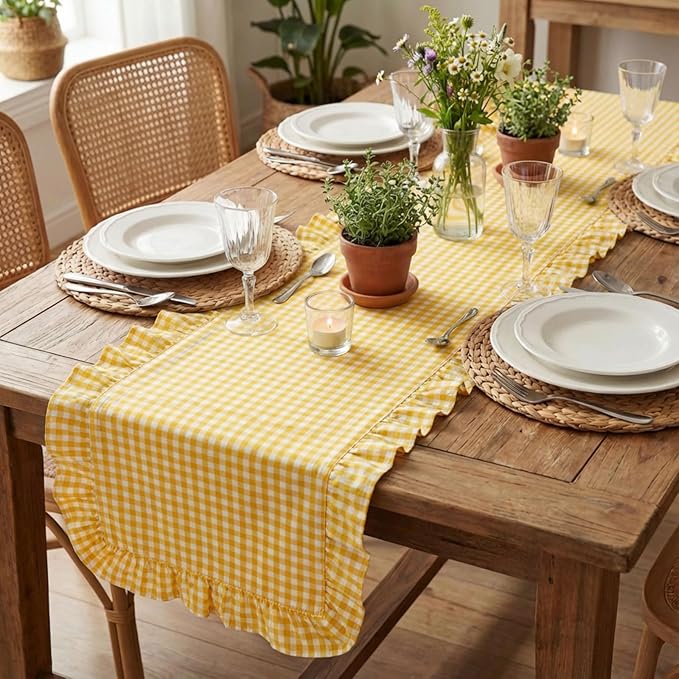 HunnmingRe 1 Pcs Yellow Plaid Gingham Ruffle Table Runner 118 x 13.8'' Farmhouse Easter Table Runner 100% Cotton Scalloped Long Dresser Scarves for Dining Room, Wedding, Kitchen Rustic Home Decor