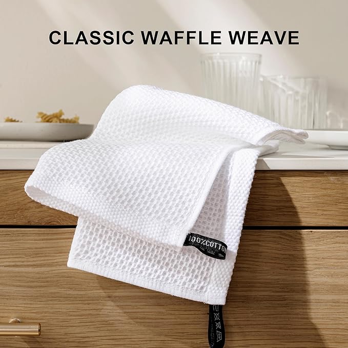 joybest Cotton Kitchen Dish Cloths, 8 Pack Waffle Weave White Washcloths Ultra Soft Absorbent Dish Towels Quick Drying Dish Rags, 12x12 Inches