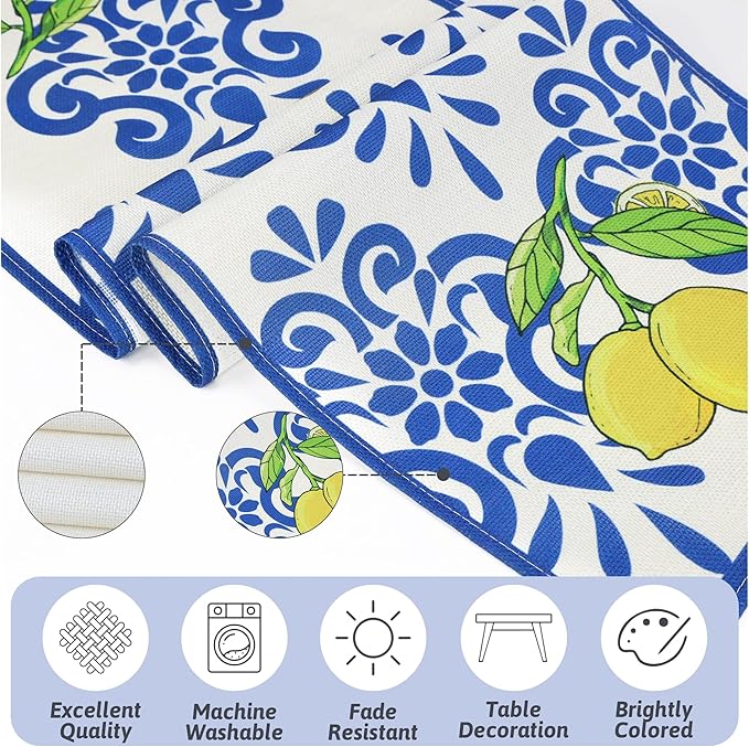 QINJIEJIE Lemon Table Runners Italy Kitchen Capri Dining Party Decorations for Home Summer Farmhouse Decor Yellow Table Runner 13x72 Inch
