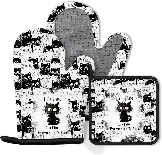 Black Cat Oven Mitts and Pot Holders Sets 3PCS, Cat Silicone Heat Resistant Oven Mitts Birthday Gifts for Cats Lover, Cute Cats Pot Holder Non-Slip Silicone Oven Gloves for Mom Wife Sister BFF