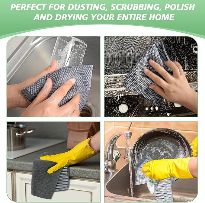 SINLAND Microfiber Dish Cloth Kitchen Washcloth Best Kitchen Cloths Cleaning Cloths Poly Scour Side 12"x12" 20Pack Dark Grey