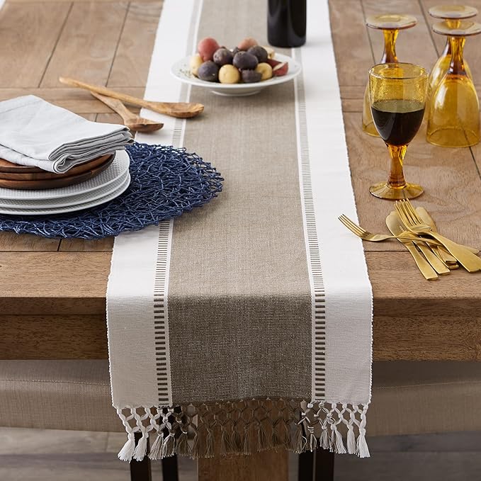 DII Dobby Stripe Woven Table Runner, 13x72, Brown