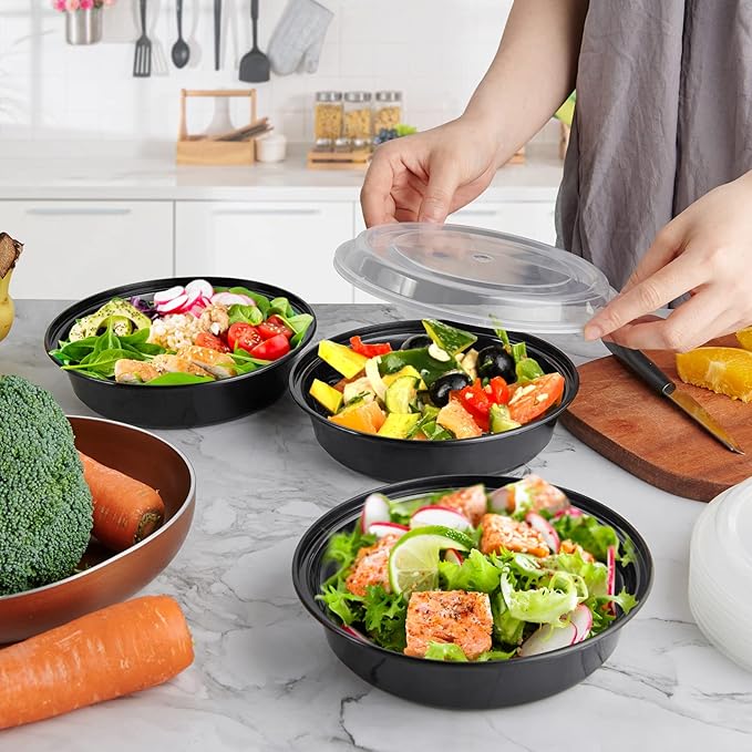 MUCHII 50 Pack Meal Prep Container, 24 oz Round Plastic Disposable Bowls with Lids, Food Microwave and Freezer Safe